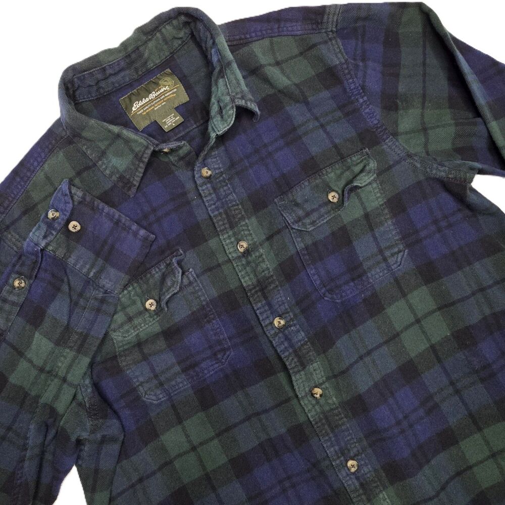 Eddie Bauer Flannel Shirt Men's Large Blue Green Plaid Button Down 100% Cotton